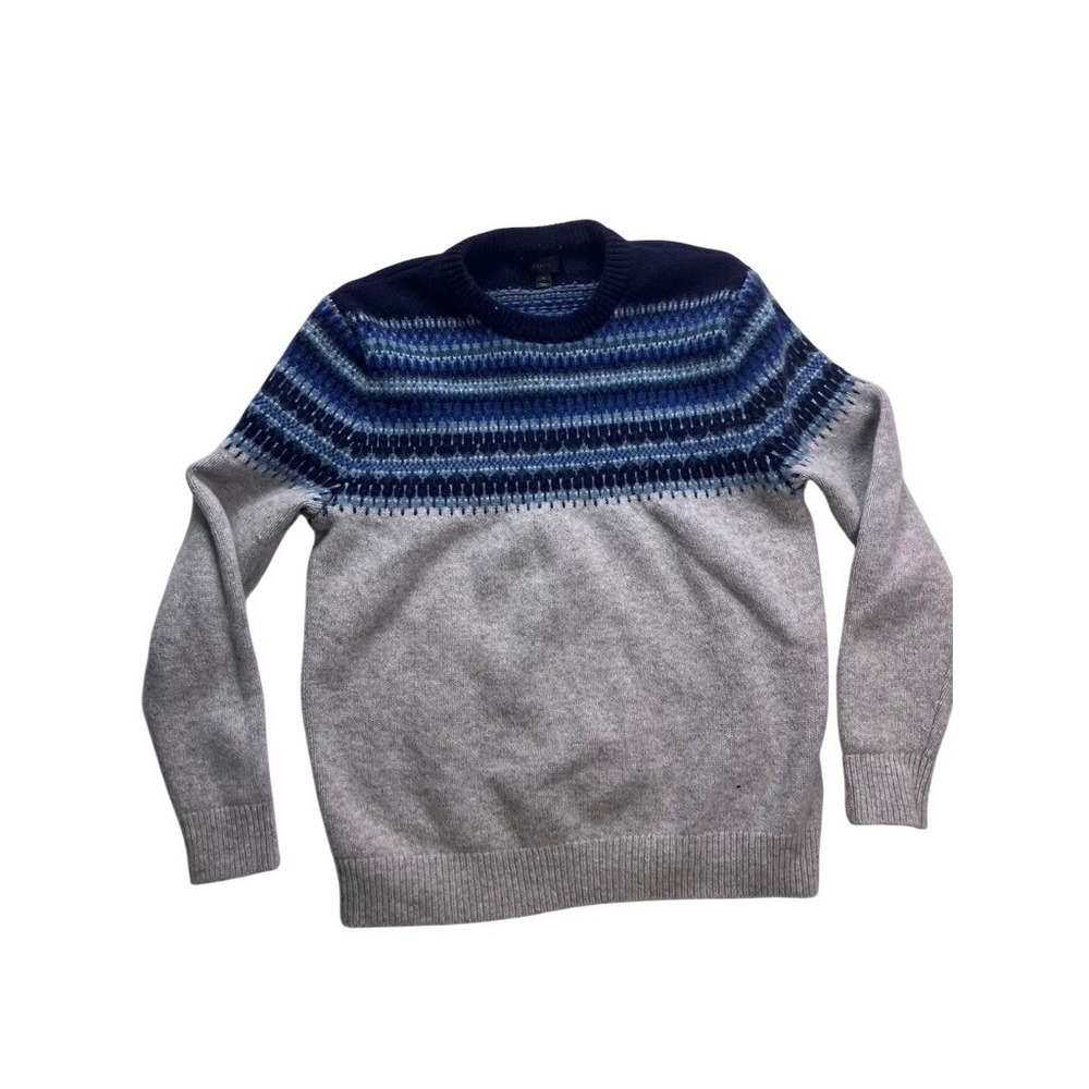J.Crew Fair Isle Sweater Mens Large Gray Blue Lambs Wool Pullover‎